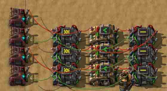 Logarithmic-time wiring for four sets, readout's in the middle.