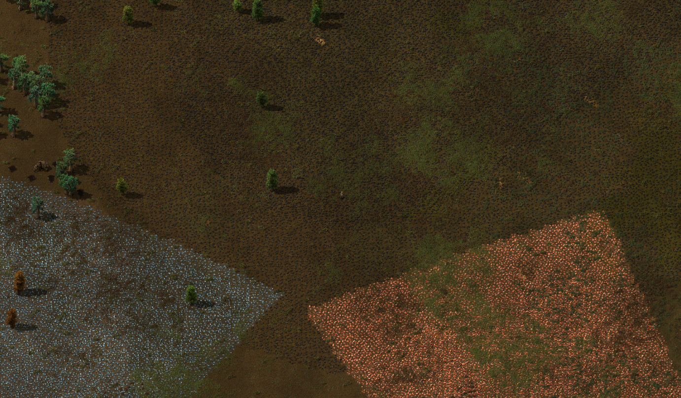 Two ore patches colliding with huge coal patch. ( For some reason the coal patch is much bigger than the other ore patches even though they should be the same size in settings.. )