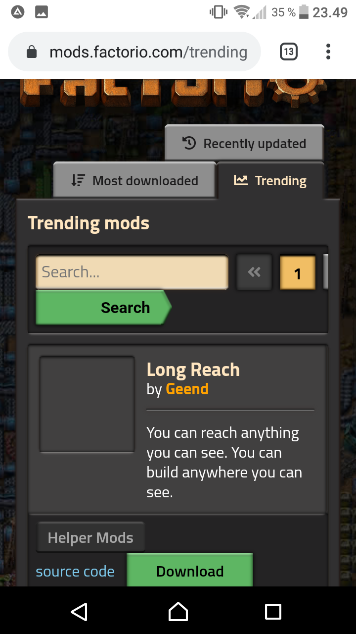 Screenshot of mods.factorio.com